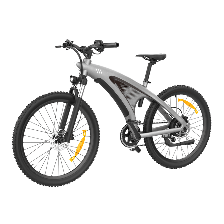 Mountain bike elettrica HX Q5S vista di tre quarti in colore argento
