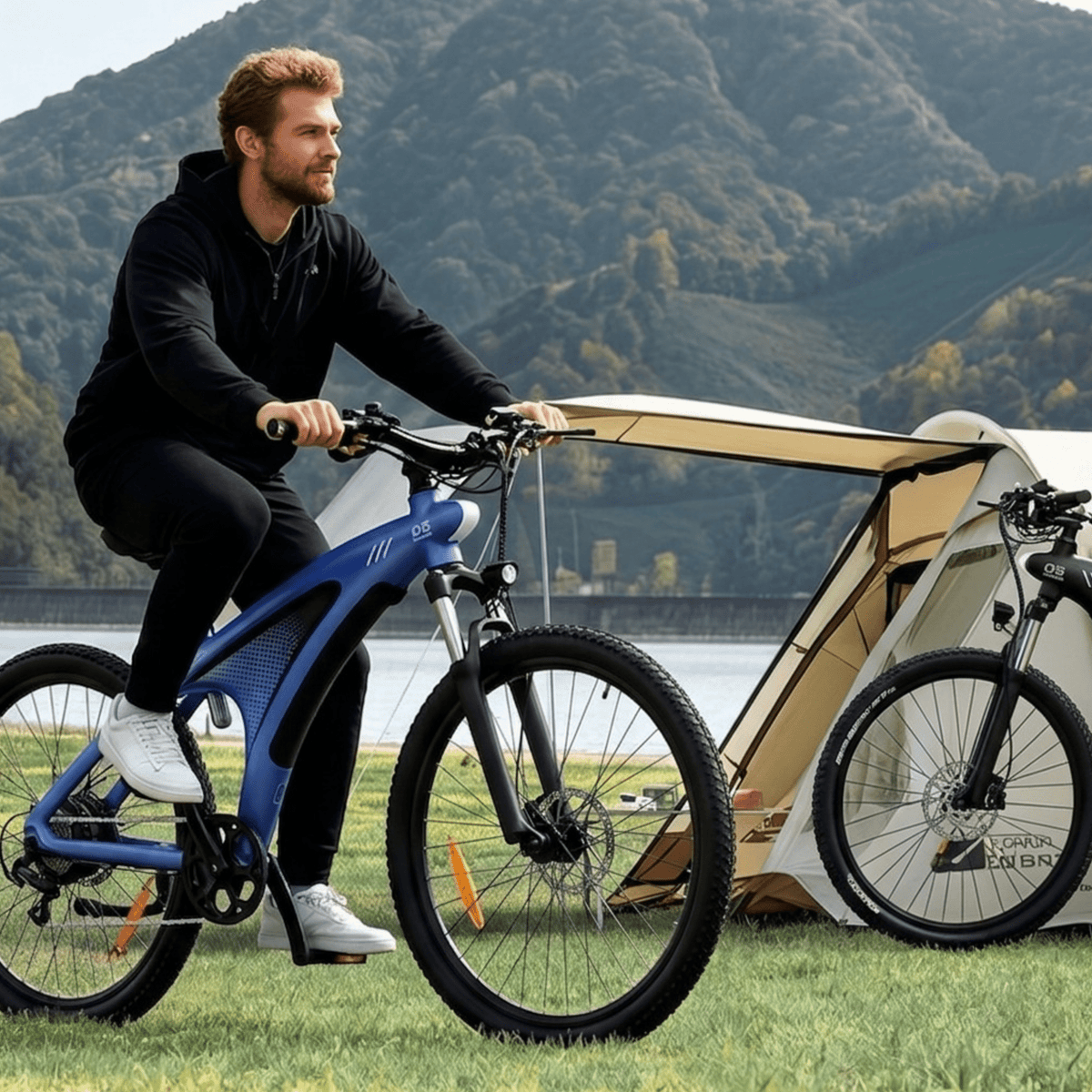 Uomo alla guida della mountain bike elettrica HX Q5S su un prato