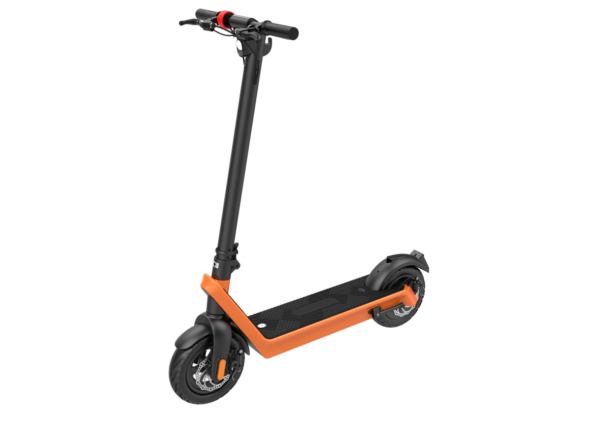 Monopattino elettrico HX X9 Plus visto di tre quarti da dietro dal lato opposto in colore arancione
