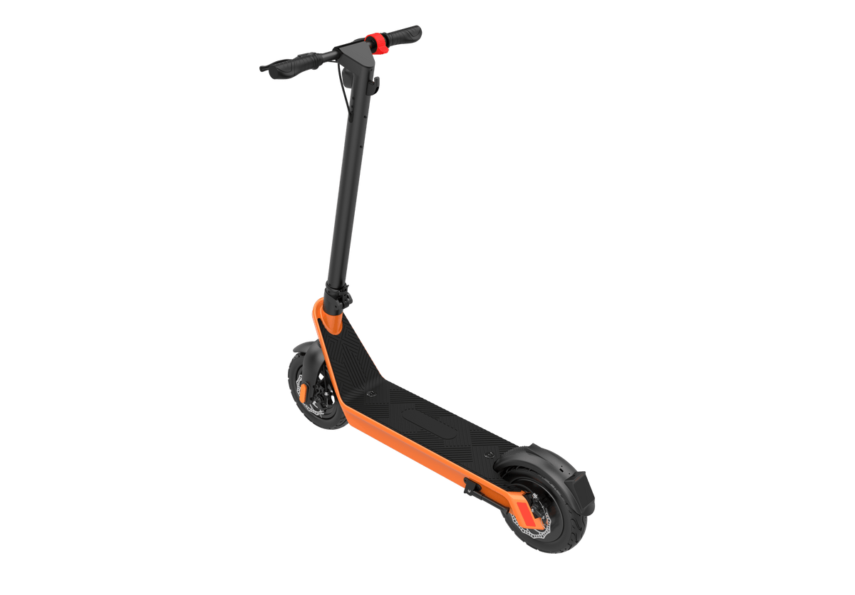 Monopattino elettrico HX X9 Plus visto di tre quarti dal lato opposto in colore arancione