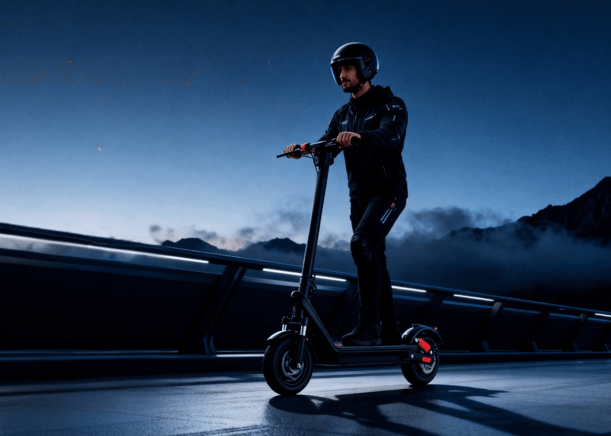 Uomo alla guida del monopattino elettrico HX X9B in un ambiente serale