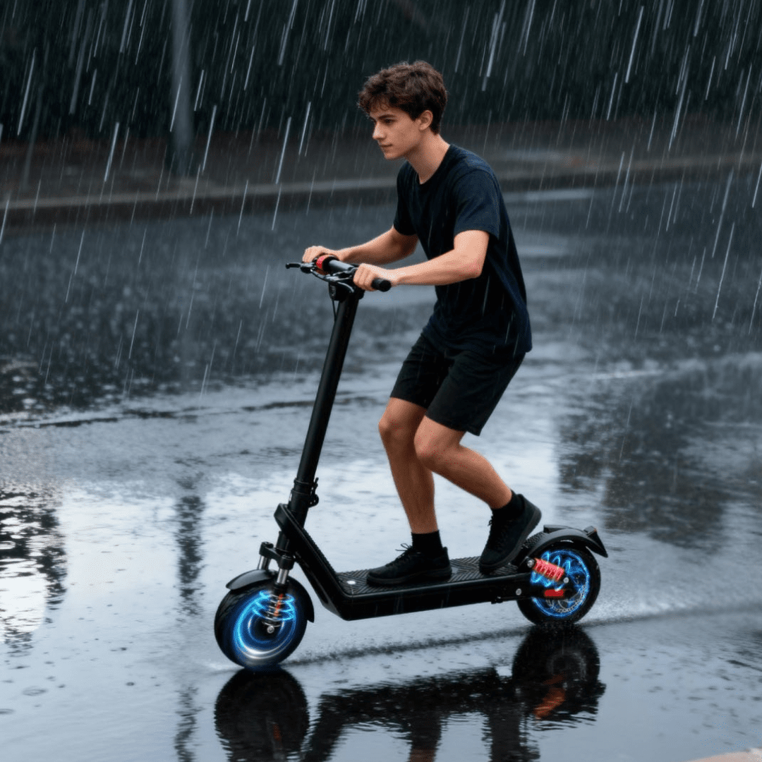 Uomo alla guida del monopattino elettrico HX X9B su asfalto bagnato