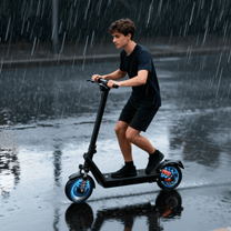 Uomo alla guida del monopattino elettrico HX X9B su asfalto bagnato