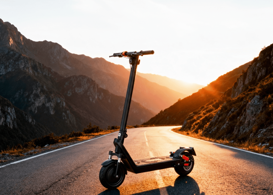 Monopattino elettrico HX X9B visto di tre quarti al tramonto