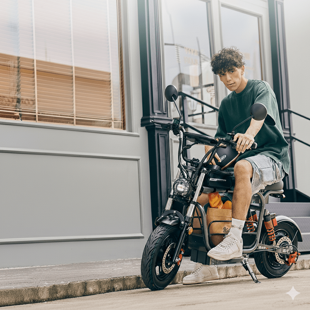Persona alla guida della moto da cross elettrica iScooter DX5 in città