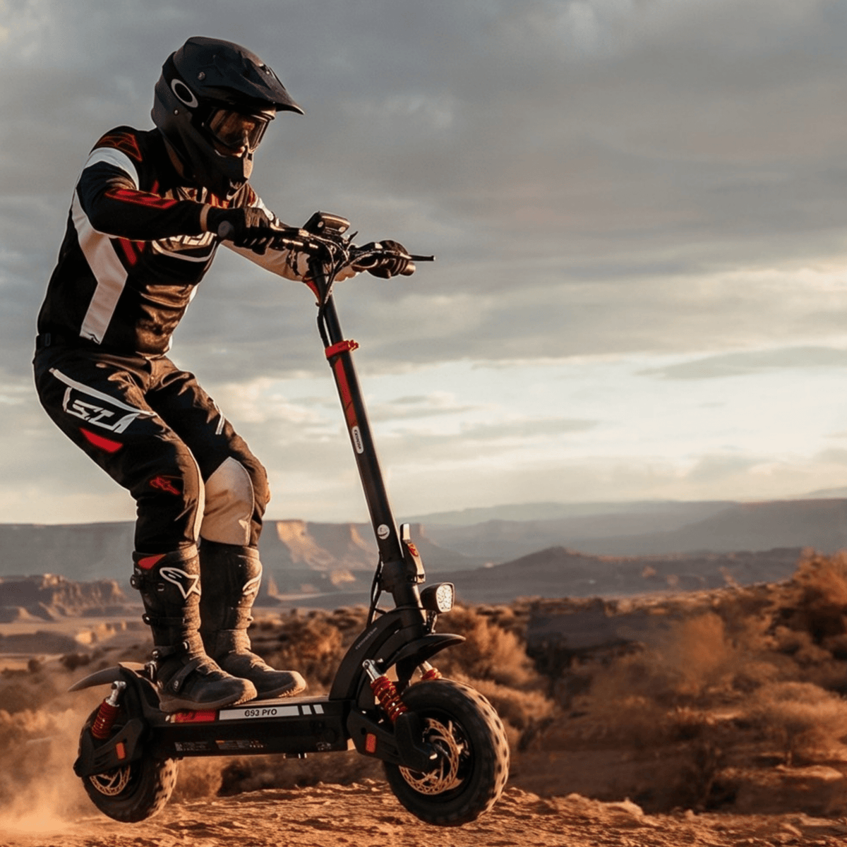 Persona in piedi con il monopattino elettrico iScooter GX3 Pro su terreno sabbioso al tramonto