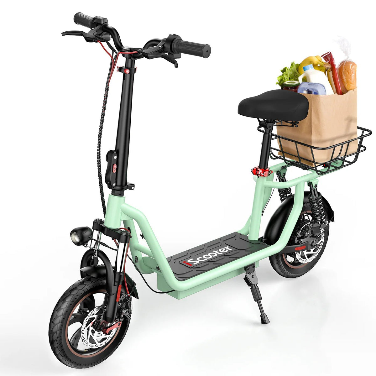 Monopattino elettrico iScooter i12 visto di tre quarti in colore verde con sellino con bagagli