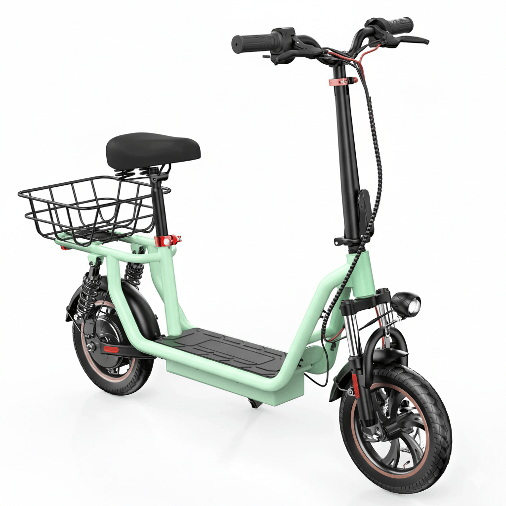 Monopattino elettrico iScooter i12 visto di tre quarti in colore verde con sellino