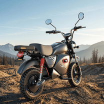 Moto da cross elettrica iScooter Y18 vista di tre quarti su terreno sabbioso