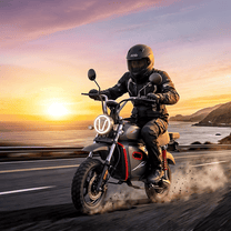 Persona alla guida della moto da cross elettrica iScooter Y18 in città su strada al tramonto
