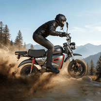 Pilota con la moto da cross elettrica iScooter Y18 in fuoristrada su terreno sabbioso