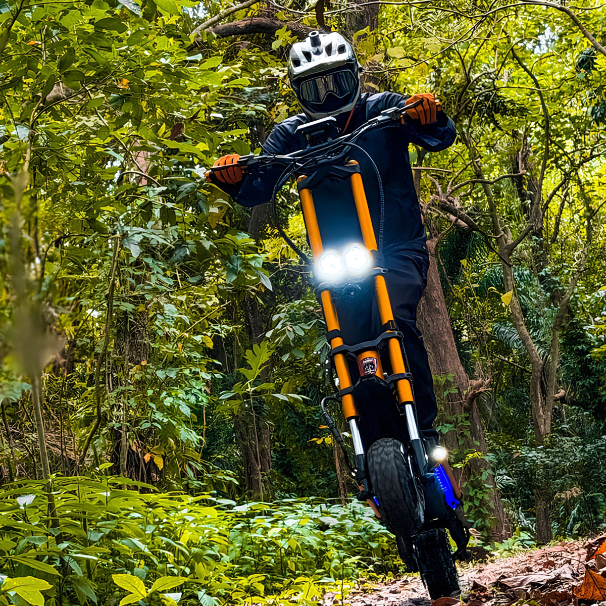 Persona in piedi con il monopattino elettrico KAABO WOLF WARRIOR 11 MAX nel bosco