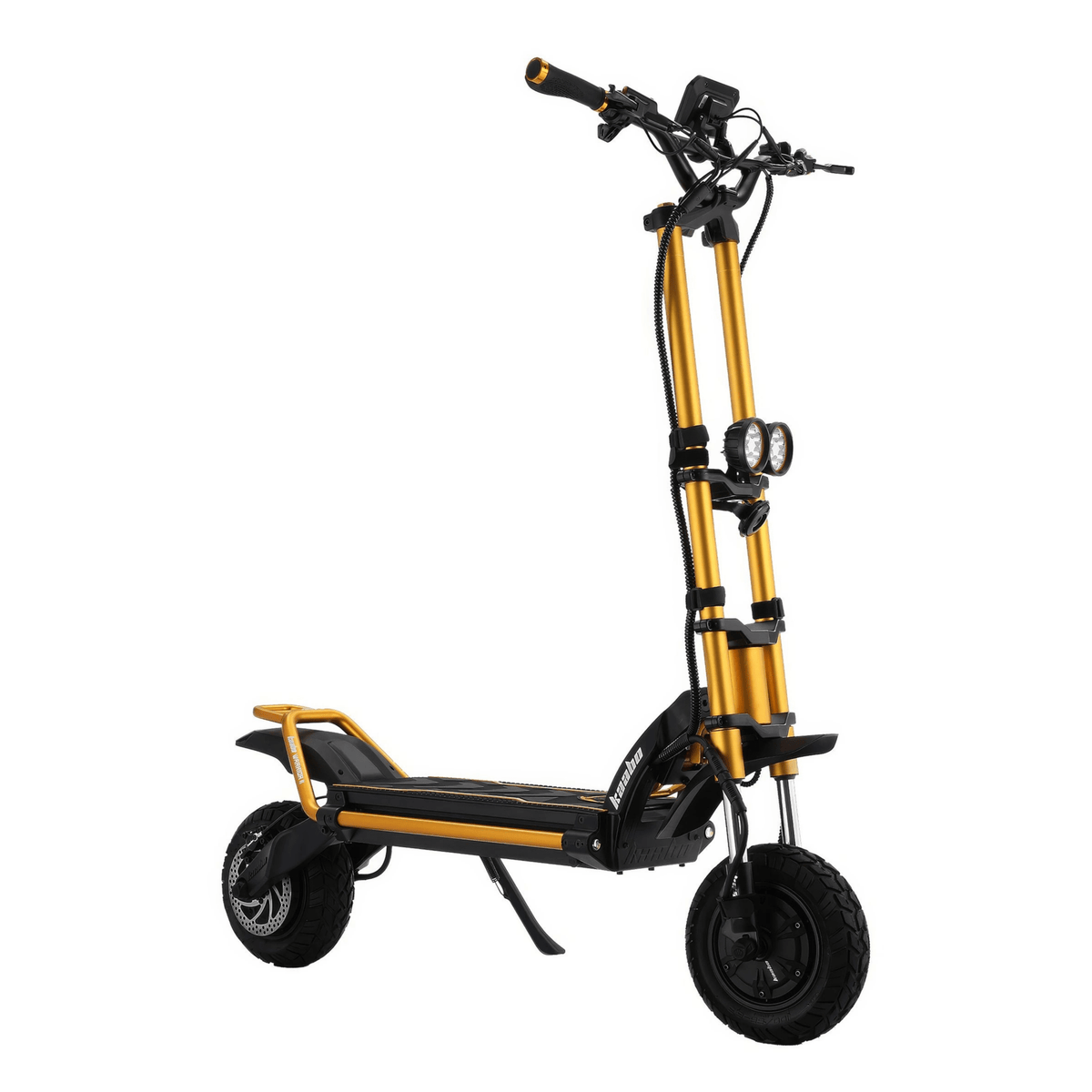 Monopattino elettrico KAABO WOLF WARRIOR 11 MAX visto di tre quarti da dietro dal lato opposto in colore oro