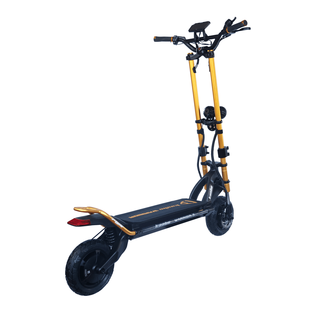 Monopattino elettrico KAABO WOLF WARRIOR X MAX visto di tre quarti da dietro in colore oro