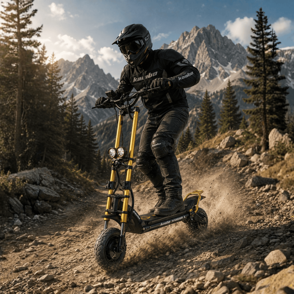 Persona alla guida del monopattino elettrico KAABO WOLF WARRIOR X MAX in montagna