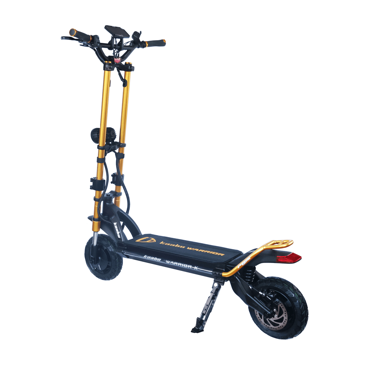 Monopattino elettrico KAABO WOLF WARRIOR X MAX visto di tre quarti dal lato opposto in colore oro