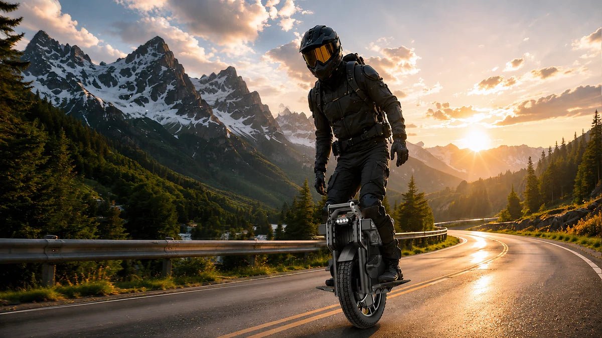 Persona alla guida del monociclo elettrico KingSong F22 Pro in montagna