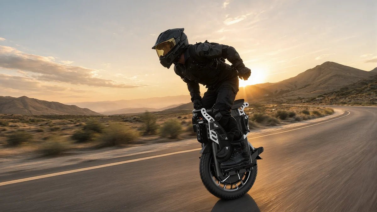 Persona alla guida del monociclo elettrico KingSong F22 Pro su strada