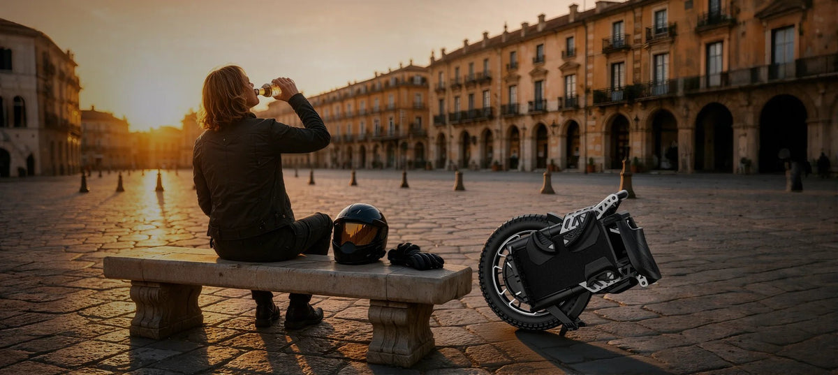 Persona seduta accanto al monociclo elettrico KingSong F22 Pro