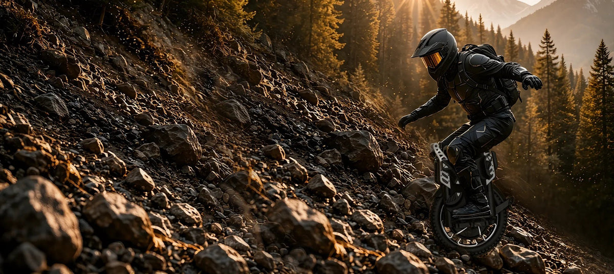 Persona alla guida del monociclo elettrico KingSong F22 Pro su un sentiero