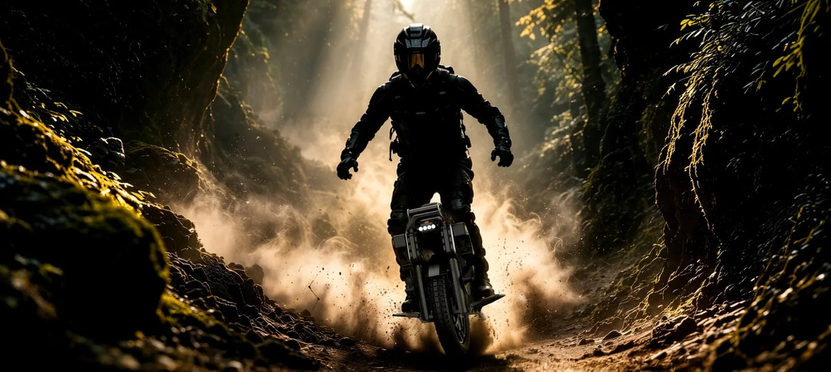 Persona alla guida del monociclo elettrico KingSong F22 Pro nel bosco