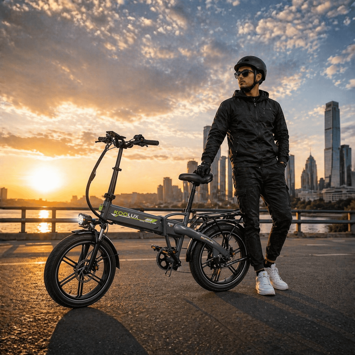 Uomo in piedi con la fat bike elettrica pieghevole KOOLUX RK10 in città