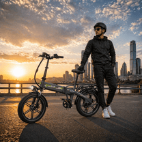 Uomo in piedi con la fat bike elettrica pieghevole KOOLUX RK10 in città
