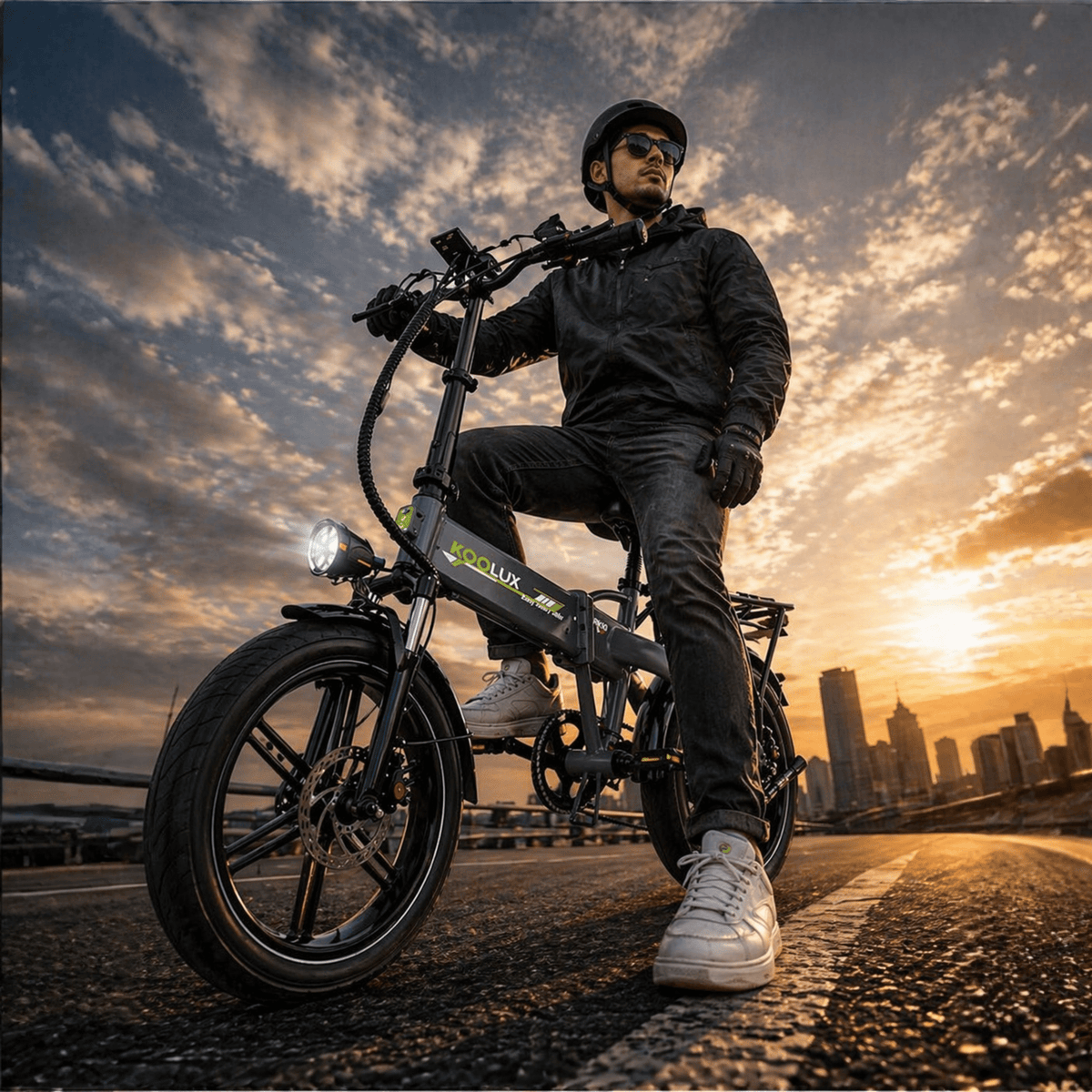 Uomo alla guida della fat bike elettrica pieghevole KOOLUX RK10 in città