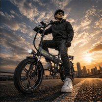 Uomo alla guida della fat bike elettrica pieghevole KOOLUX RK10 in città