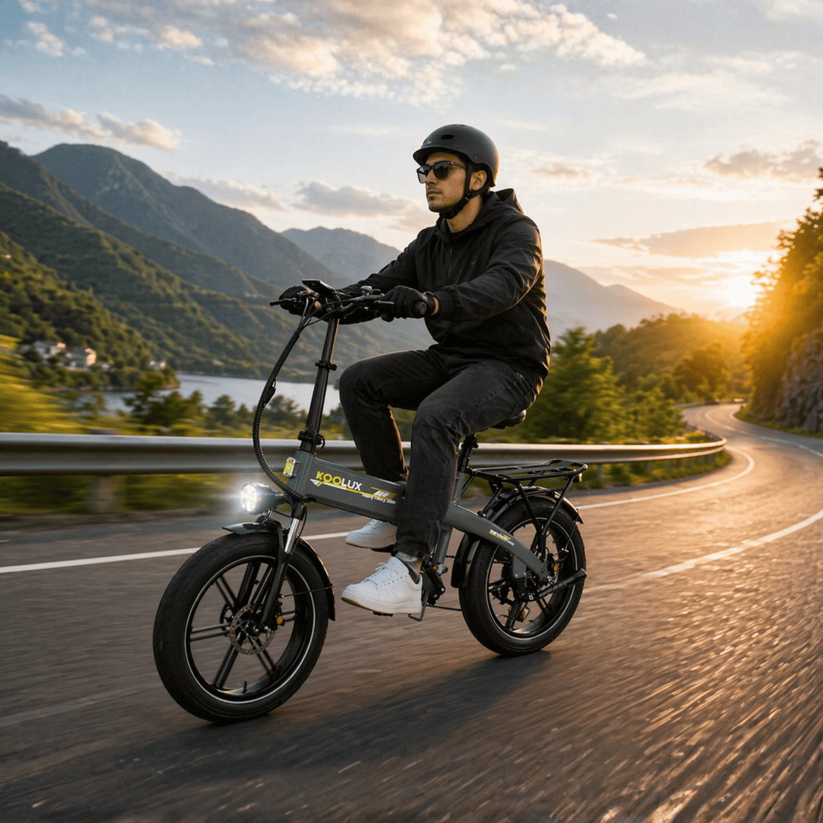 Uomo alla guida della fat bike elettrica pieghevole KOOLUX RK10 su strada