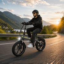 Uomo alla guida della fat bike elettrica pieghevole KOOLUX RK10 su strada