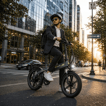 Uomo alla guida della fat bike elettrica pieghevole KOOLUX RK10 in città al tramonto