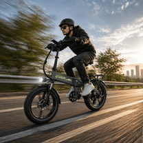 Uomo alla guida della fat bike elettrica pieghevole KOOLUX RK10 su strada al tramonto