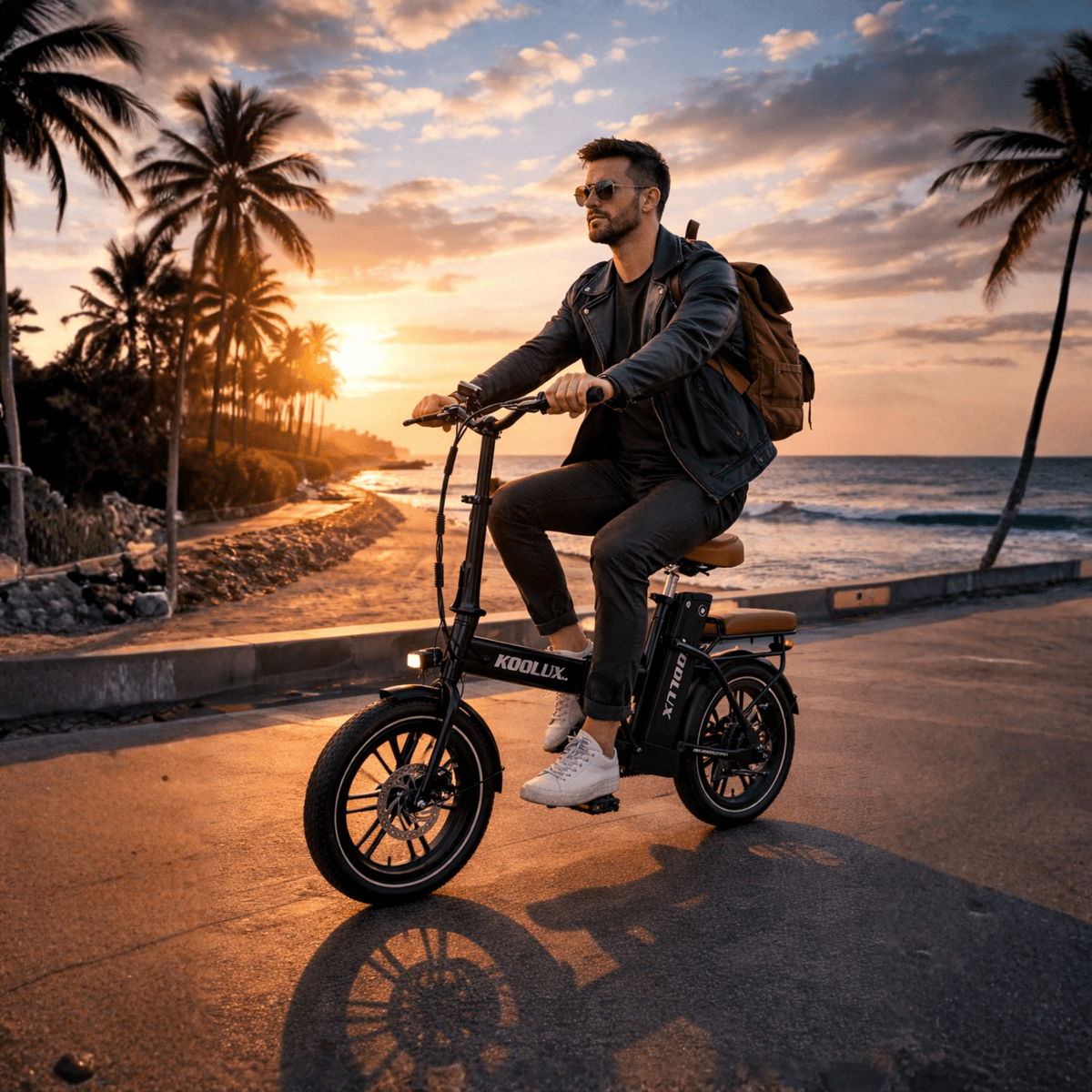 Uomo alla guida della fat bike elettrica pieghevole KOOLUX X10 in riva al mare