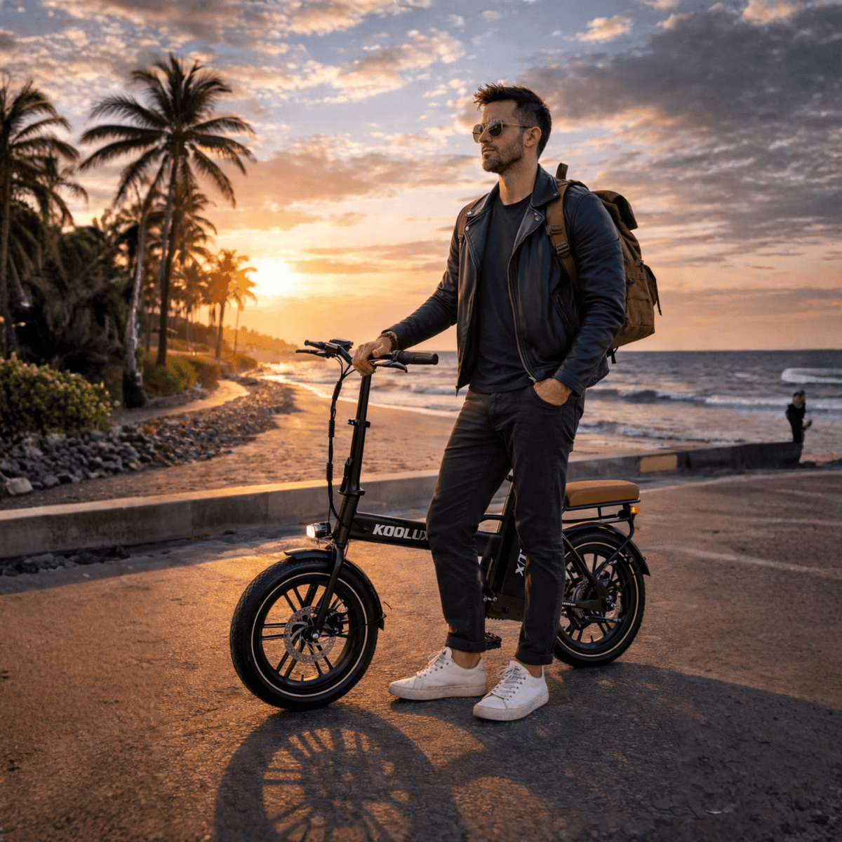 Uomo in piedi con la fat bike elettrica pieghevole KOOLUX X10 in riva al mare