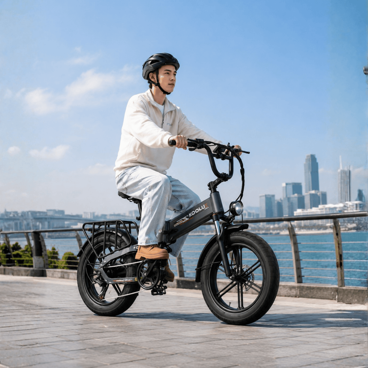 Uomo alla guida della fat bike elettrica pieghevole KOOLUX X12 Pro in città