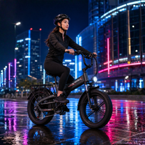 Uomo alla guida della fat bike elettrica pieghevole KOOLUX X12 Pro in un ambiente serale