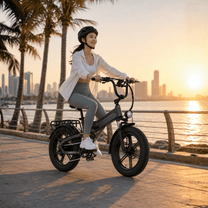 Donna alla guida della fat bike elettrica pieghevole KOOLUX X12 Pro in riva al mare