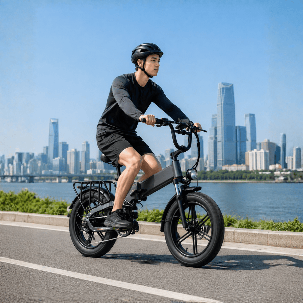 Uomo alla guida della fat bike elettrica pieghevole KOOLUX X12 Pro su strada