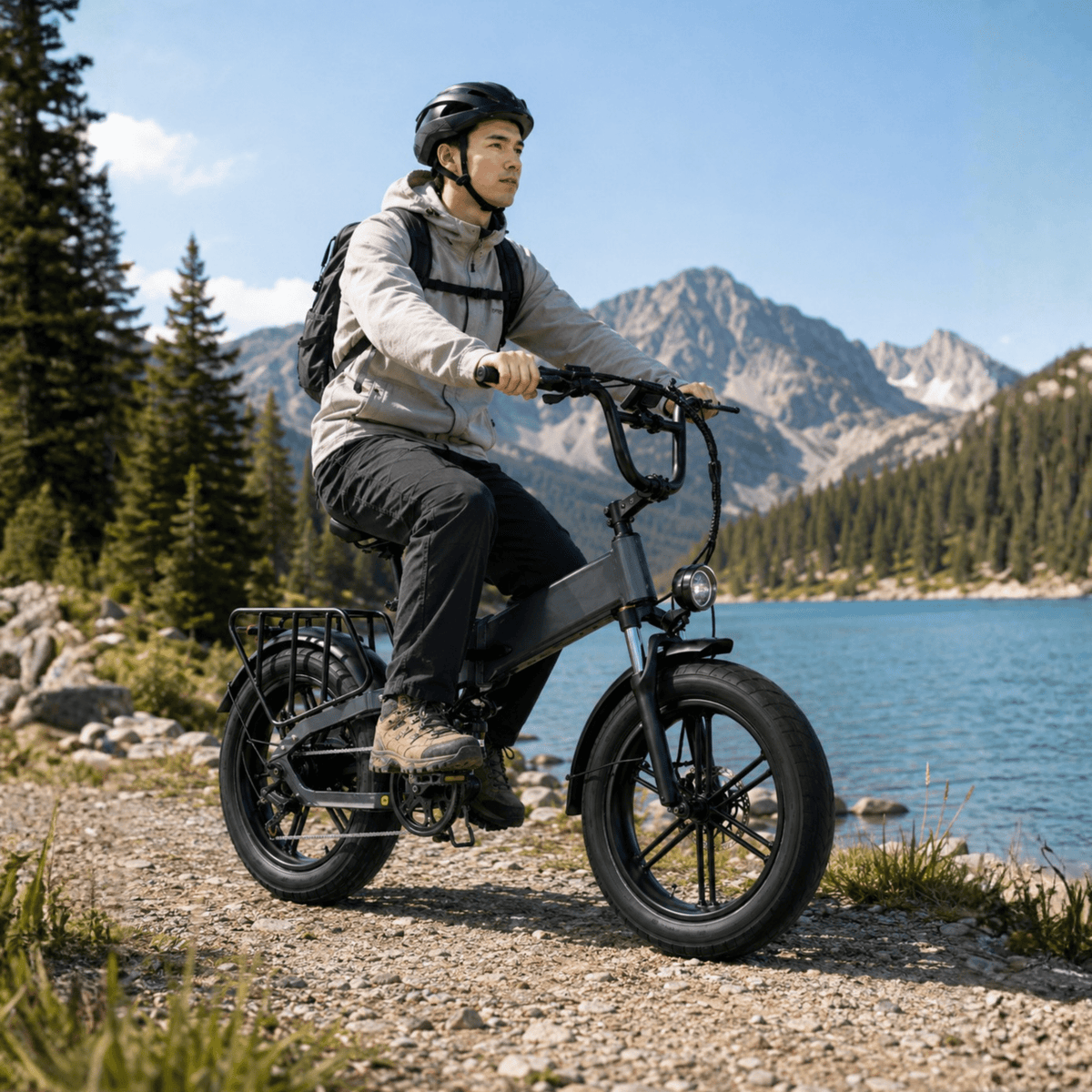 Uomo alla guida della fat bike elettrica pieghevole KOOLUX X12 Pro su un vialetto
