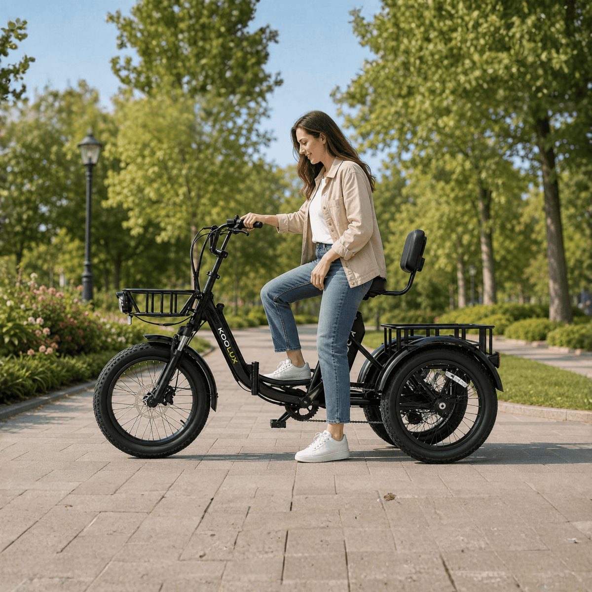 Donna alla guida del triciclo elettrico KOOLUX X13 in un parco