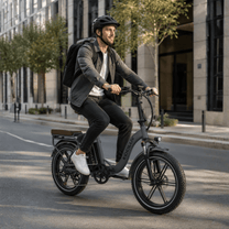 Uomo alla guida della fat bike elettrica pieghevole KOOLUX X16 in città