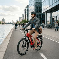 Uomo alla guida della bici elettrica KOOLUX X3 in città