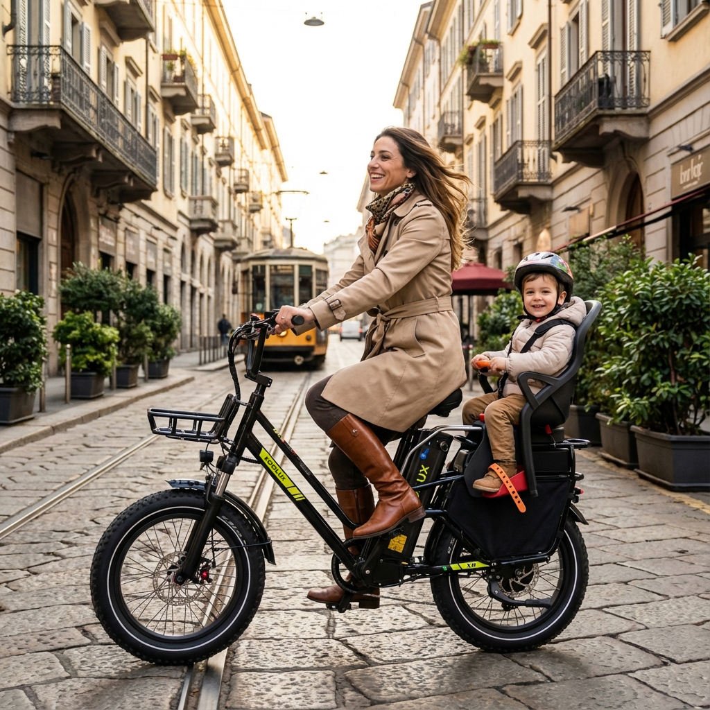 Donna alla guida della fat bike elettrica KOOLUX X8 con un bambino