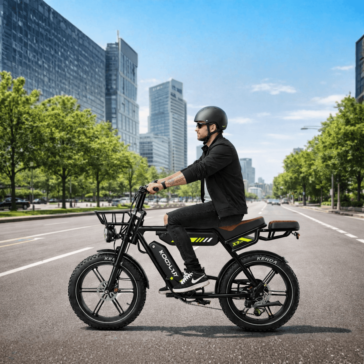 Uomo alla guida della fat bike elettrica KOOLUX X9 Pro in città