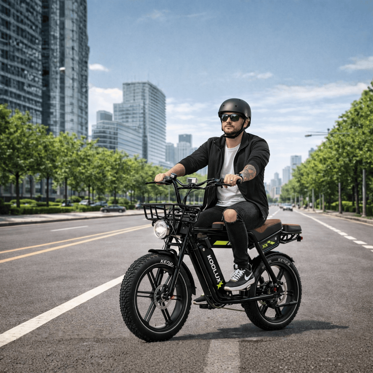 Uomo alla guida della fat bike elettrica KOOLUX X9 Pro in città
