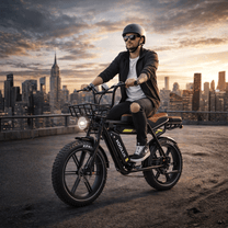 Uomo alla guida della fat bike elettrica KOOLUX X9 Pro in città
