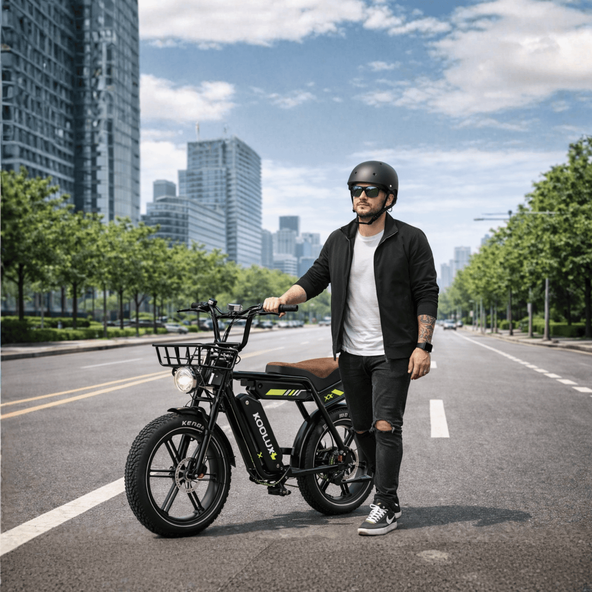 Uomo in piedi con la fat bike elettrica KOOLUX X9 Pro in città