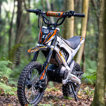 Persona in piedi con la moto da cross elettrica KuKirin X1 nel bosco