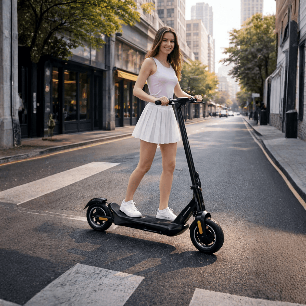 Donna alla guida del monopattino elettrico Nanrobot C1 in città